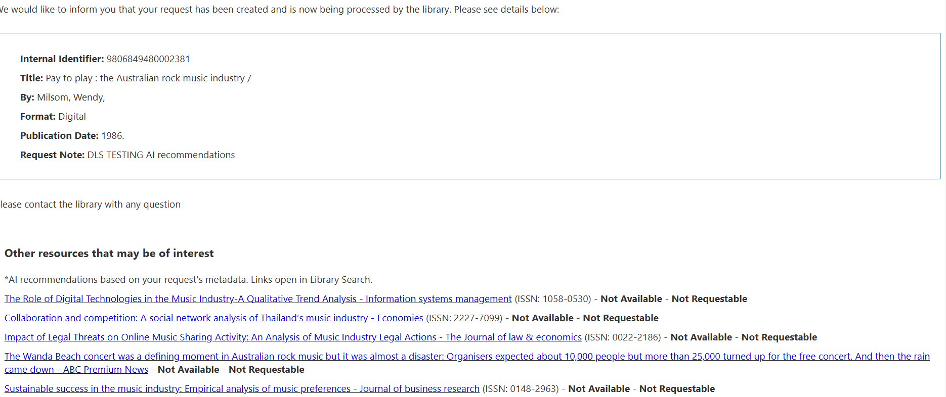 The AI Recommended resource sharing titles letter.